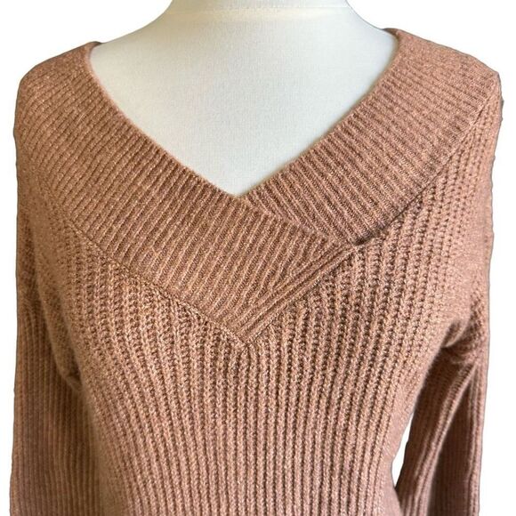 Pink Rose Crossover V Shape Cozy Soft Ribbed Pullover Sweater - Picture 2 of 7